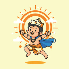 Naklejka premium Bal Hanuman jumping toward the sun, playful cartoon