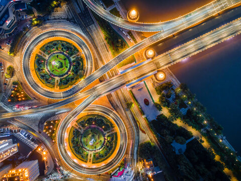 Aerial Night View of Harbin Songhua River Highway Bridge, China