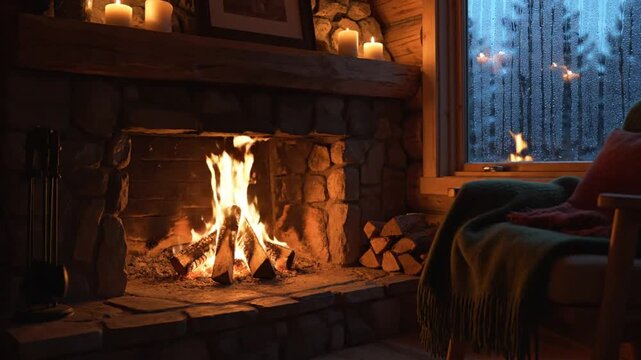 Cozy living room interior with a crackling fireplace, lit candles, and rain-streaked window for relaxing atmosphere.
