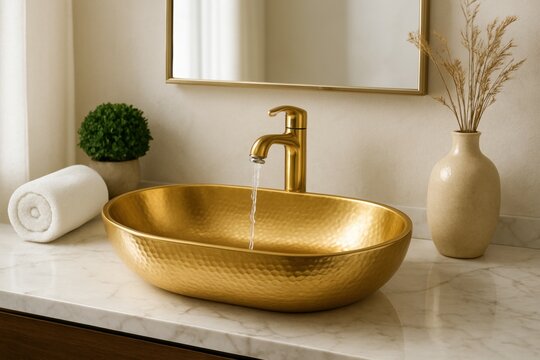 Luxurious gold vessel sink and faucet with running water on a marble vanity. Modern bathroom interior, elegant design, perfect for home decor, plumbing, or lifestyle ads.