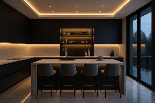 A luxurious, modern kitchen interior featuring dark cabinets, light marble countertops, and an island with bar stools. Warm ambient lighting creates an inviting and sophisticated atmosphere. 
