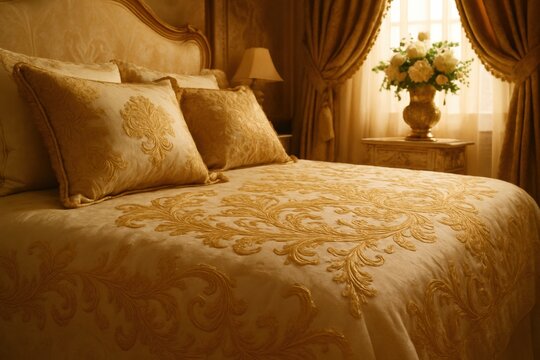 Luxurious bedroom interior featuring a comfortable bed with golden embroidered bedding, ornate pillows, and draped curtains. Evokes opulence, comfort, and sophisticated living for hospitality
