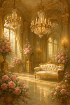 A dreamy, opulent palace interior filled with lush pink roses, elegant chandeliers, and a luxurious golden sofa. Perfect for romance, luxury, and fairytale themes.