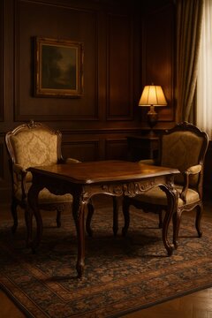 Opulent classical interior features carved wood table, velvet chairs, and elegant decor. Evokes luxury and tradition for high-end design concepts.