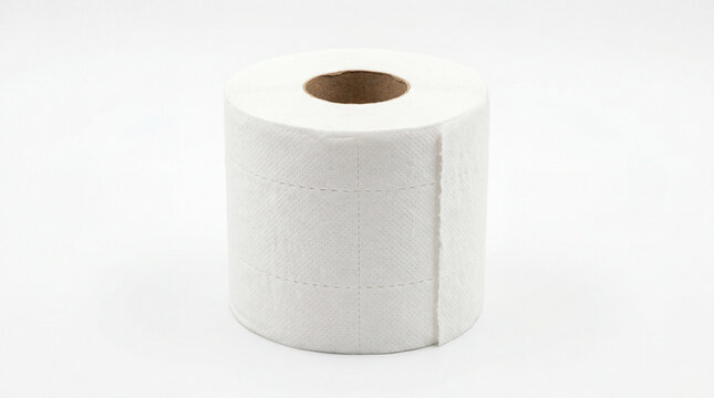 toilet paper roll standing upright, isolated on a pure white background
