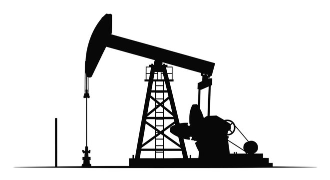 A stark silhouette depicts a classic oil pump rig commonly found in petroleum production areas
