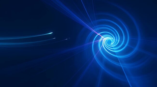 Abstract blue spiral light trail, glowing neon energy vortex with motion blur, futuristic digital background for technology and science concepts