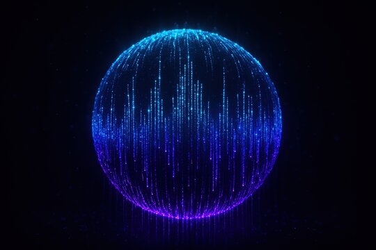 Abstract glowing sphere with blue and purple digital light streams on a dark background, representing data, technology, or sound visualization. Ideal for tech, AI, music, and futuristic designs.