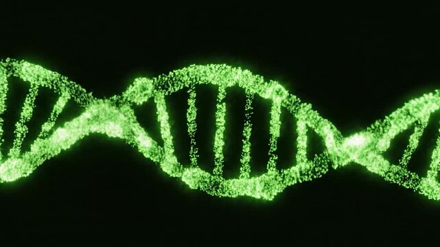 Abstract Green DNA Helix Structure with Particles and Light Effects.