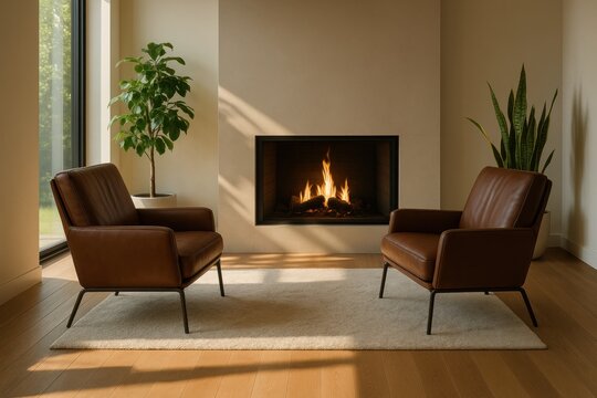 Modern living room with two brown leather armchairs flanking a cozy fireplace. Natural light highlights elegant decor, creating a warm, inviting atmosphere for home design, comfort, upscale living.