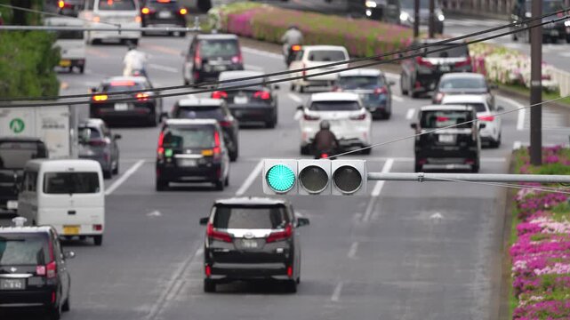 Heavy Traffic on Japanese Urban Road at Green Traffic Light