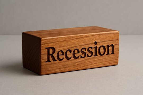 A wooden block with the word Recession carved, symbolizing economic challenges. Ideal for financial news, business reports, and market analysis.