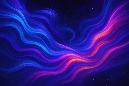 Abstract background featuring vibrant, flowing neon waves in blue, purple, and pink against a starry dark backdrop. Ideal for technology, science, and futuristic designs.