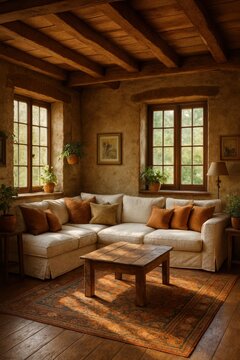 Warm and inviting rustic living space with a cream sectional sofa, orange pillows, and natural sunlight streaming through windows. Ideal for home decor, coziness, and relaxation.