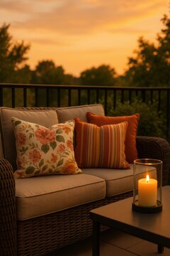Inviting outdoor seating area at golden hour, featuring stylish pillows and a luminous candle. Evokes a peaceful, luxurious evening ambiance.
