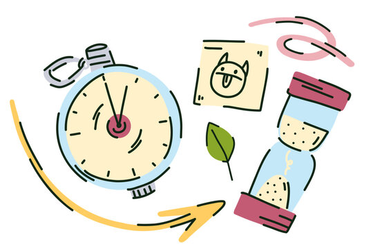A laboratory timekeeping kit, stopwatch, and hourglass in doodle style, dynamic colored hands, and a doodle sticker with a face