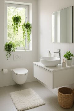 A bright, modern bathroom interior with a floating vanity, toilet, and green plants by a large window. Creates a serene, minimalist, and fresh atmosphere for home design.
