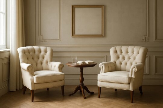 Elegant living room with two plush cream armchairs, a side table, book, and water. Features classic wall panels and an empty frame. Great for luxury interior design and peaceful relaxation.