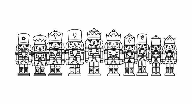 Ten festive nutcrackers in a line, each with unique hat