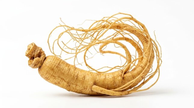 Whole raw dried Korean ginseng root with thin tangled rootlets on a white background