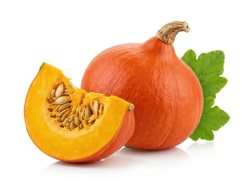 Bright orange kabocha squash whole and sliced revealing seeds and pulp with green leaf