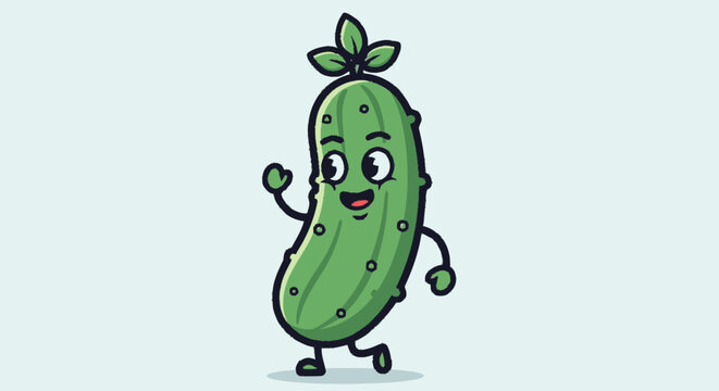 Cartoon cucumber character walking forward isolated on white background