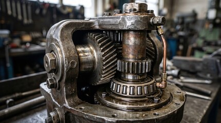 Fototapeta premium Close-up of a rusty, intricate mechanical gear assembly in an industrial workshop, showcasing detailed engineering and vintage machinery.