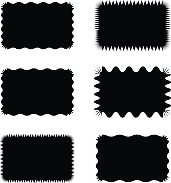 Collection of rectangles with jagged edges. A set of uneven zigzag rectangular shapes. Black color. Isolated elements for design of text box, button, badge, banner, tag, sticker, badge. Vector illustr