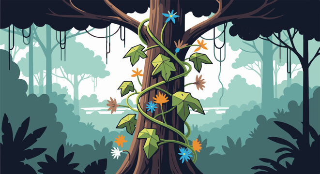 Stylized jungle scene with a large tree entwined by a vine bearing flowers