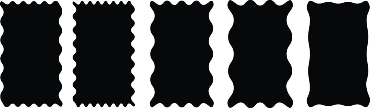 Collection of jagged rectangles. A set of uneven zigzag rectangular shapes. Black color. Isolated elements for design of text box, button, badge, banner, tag, sticker, badge. Vector illustration.