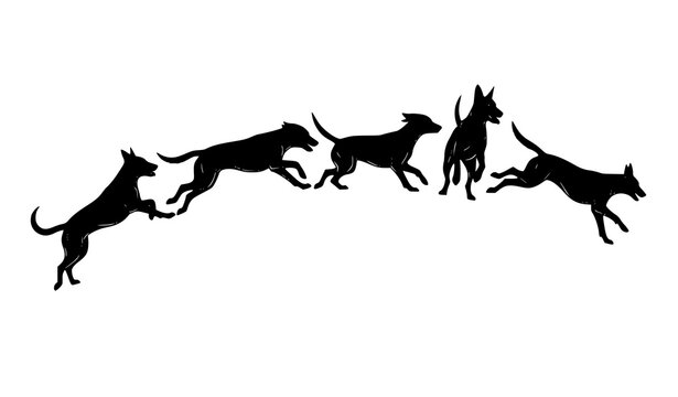 Modern dog running sequence silhouettes with jumping action black vector set