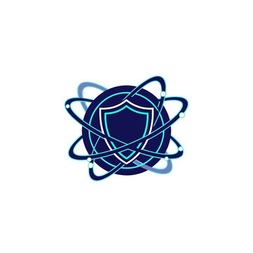 Secure Digital Shield With Orbiting Network Elements Abstract Icon
