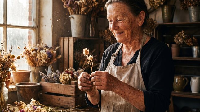 Elderly Female Florist Working in Rustic Flower Shop with Soft Natural Light
