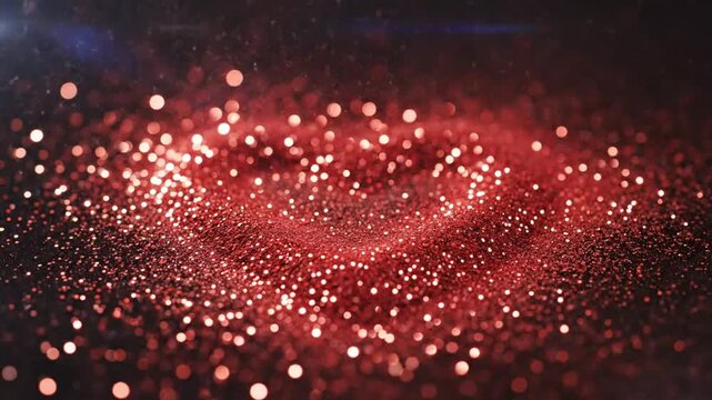 Red glitter falling and forming a sparkling pile on a dark surface, abstract background.