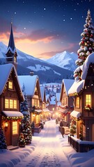 Fototapeta premium A serene snowy village at dusk with warmly lit houses