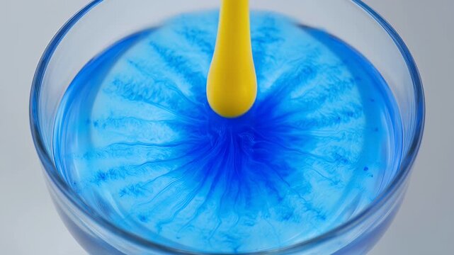 Abstract blue ink swirl in water glass, vibrant liquid motion art, creative chemical reaction with yellow dropper, artistic fluid dynamics background