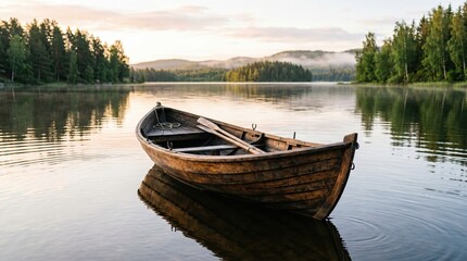 Obraz premium Tranquil scene of a lone wooden boat floating on a serene lake at dawn, surrounded by misty forests and calm waters, evoking peace.
