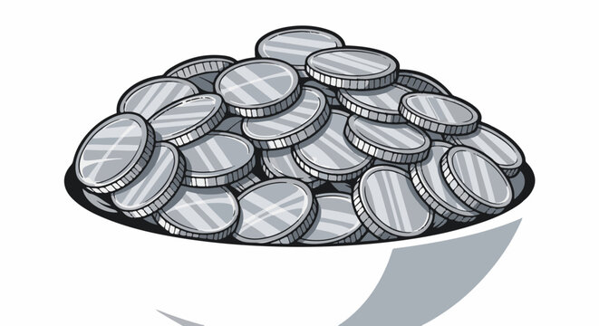 A large pile of silver coins spilling out of a bowl