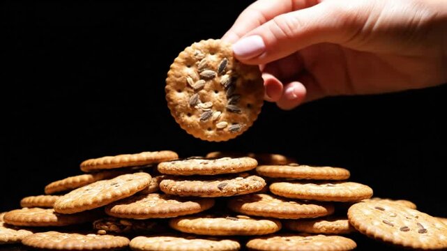 Close-up of a hand picking up a cracker from a pile of crackers on a black background