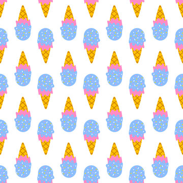 Pattern of blue ice cream cones with pink tops and yellow waffle cones on transparent background