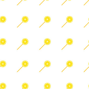 Seamless pattern of yellow lemon slice lollipops isolated on a transparent background