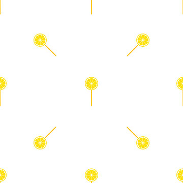 Seamless pattern of yellow round lollipops with sticks on a transparent background