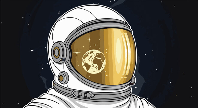 Astronaut in helmet with Earth reflection in golden visor in dark cosmos