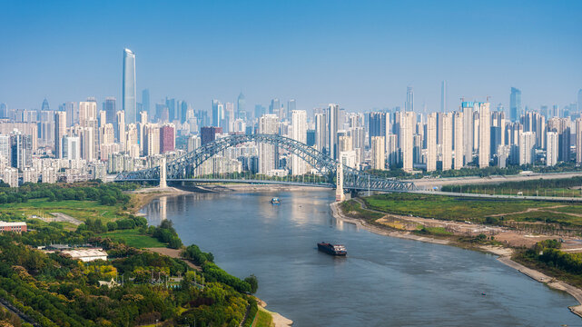 Aerial daytime view of Hankou CBD alongside Han River waterfront, Wuhan, Hubei, China