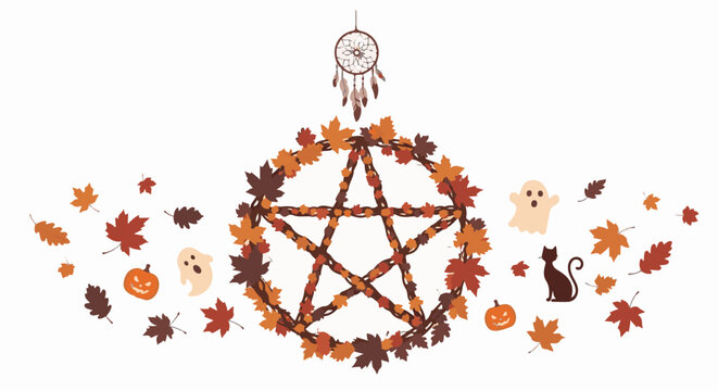 Autumnal pentagram adorned with leaves, surrounded by playful ghosts and pumpkins