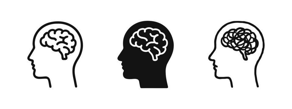 Human Mind and Psychology Profile Icon Set in Simple Linear Solid and Doodle Styles