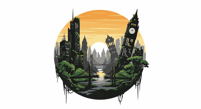 Ruined cityscape with overgrown structures and bridges at sunset