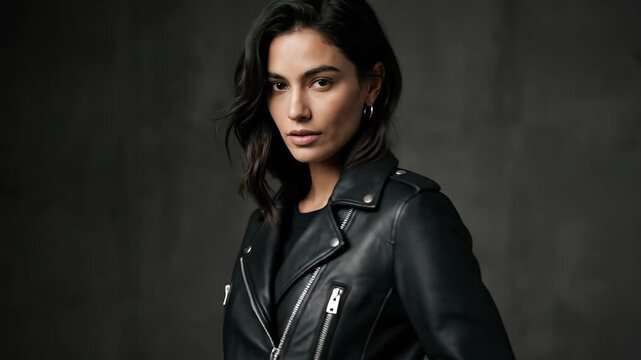 A stylish black leather jacket with silver hardware, supple texture, crisp seams and refined tailoring, clean background with dramatic studio light and timeless fashion mood, ultra-realistic, no