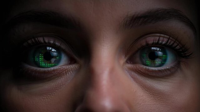 Cybersecurity digital binary code reflected in green eyes, futuristic data visualization on human iris, high-tech surveillance and artificial intelligence concept