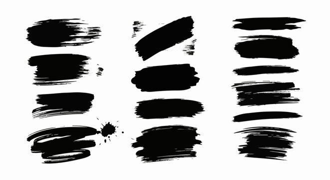 Collection of abstract black brush stroke textures and splatters on white